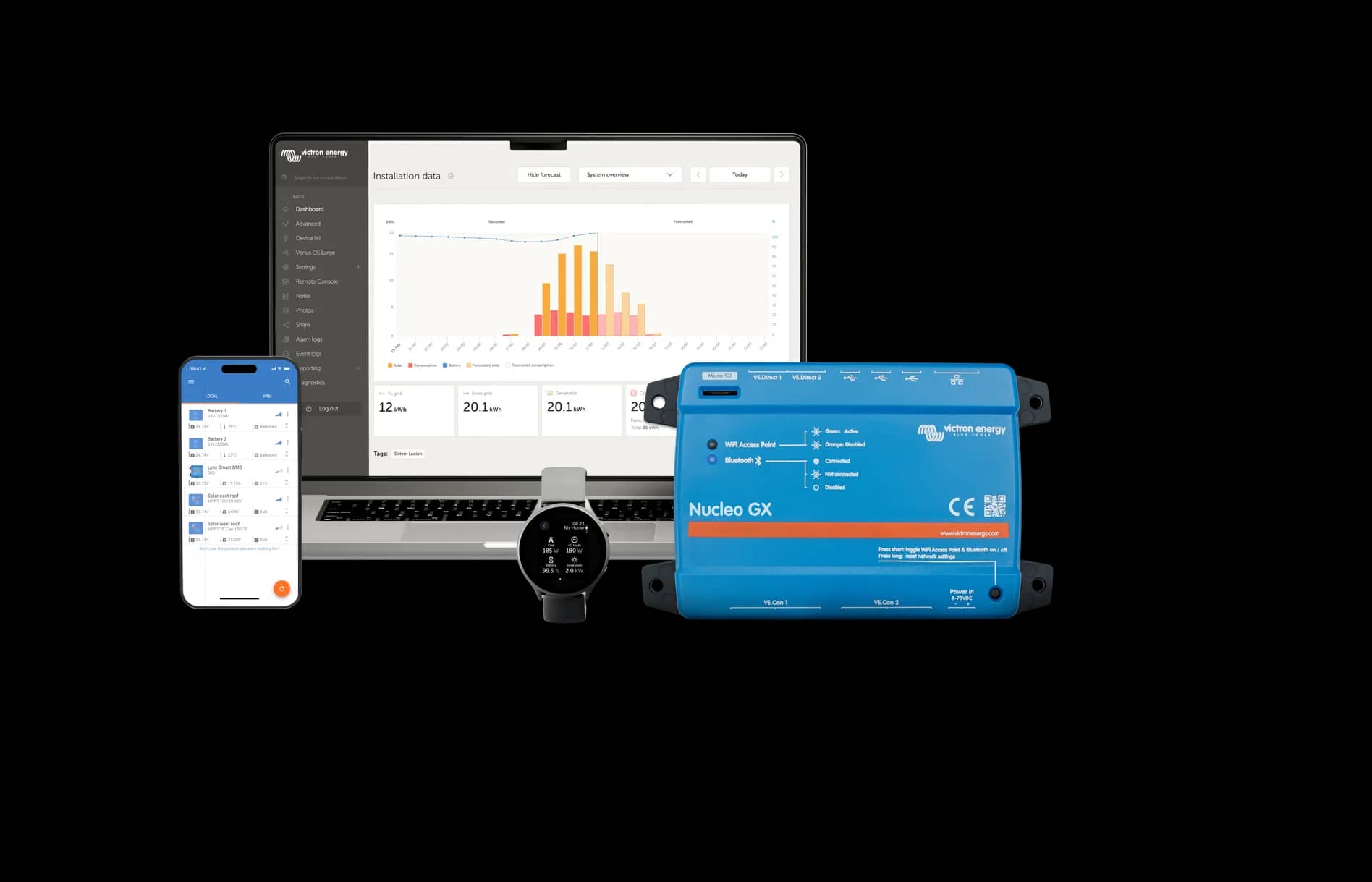 Portál VRM a aplikace VictronConnect monitorující systém s Nucleo GX