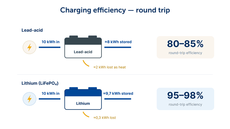 Image comparing the charging efficiency of lithium and lead-acid batteries