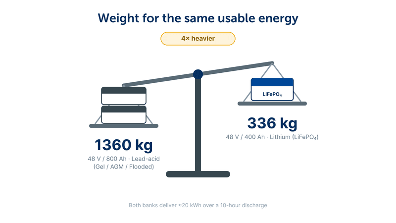 Weight scale showing the difference in mass between lead-acid and lithium batteries